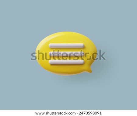 3D glossy yellow speech bubble with white text lines, chat message icon. Vector volume oval with rounded corners text bubble with shadow. Render 3d dialogue cloud, talking window, chatting box