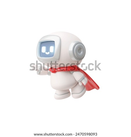 Chat bot robot flies in a red cape, AI assistance superhero 3D vector icon. Online education, distance studying. Artificial intelligence machine, customer support service robots technology