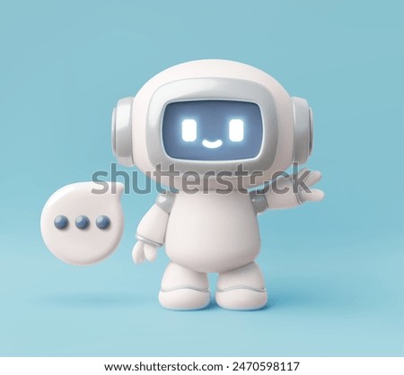 Online communication brought to life with a 3D chatbot vector illustration. Cheerful robot with dialog box showing artificial intelligence, perfect for virtual assistant concept.