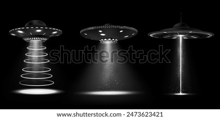 Set of flying saucers with light rays. Detailed vector icons of a UFO emitting vertical white light in different shapes, ideal for teleportation or abduction scenes on an isolated black background.