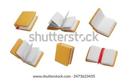 Vector set of 3D books open and closed, with a bookmark and blank white hardcover pages for educational purposes. A design element of a notebook with a cover