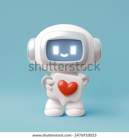 Chatbot robot with hearth in speech bubble realistic 3D vector illustration. Render cute Artificial intelligence machine, online customer support service, appreciation robot technology