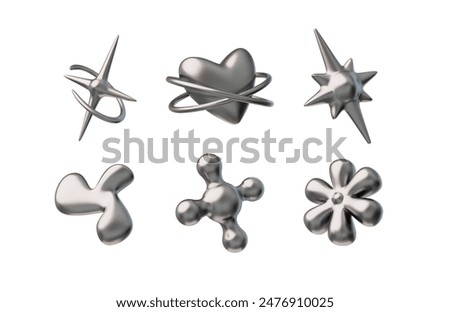 3D glossy chrome shapes vector set in retro Y2K style. Render liquid metallic stars, heart, flower and blob splash forms. Volume steel melting or silver icons. 2000s aesthetic design elements