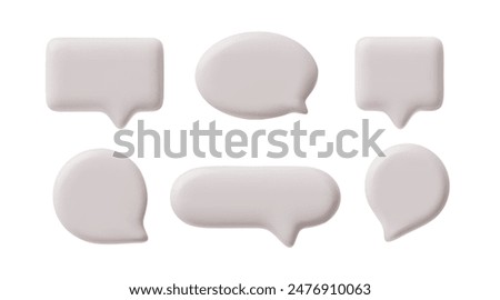 3D glossy empty white speech bubbles various shapes vector set. Render circle, oval, roundish square and rectangle message text bubble volume form. Dialogue cloud 3d talking window, chatting box