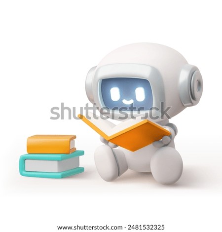 3D chat bot. Robot sits and reads books, studies information, learns. Robotic machine with artificial intelligence. Small online virtual assistant. Vector illustration isolated on white background.