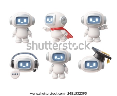 A 3D vector illustration of a chatbot icon set featuring cute robot characters in various roles such as a superhero, student, and DJ. These chatbot icons are designed with expressive digital eyes