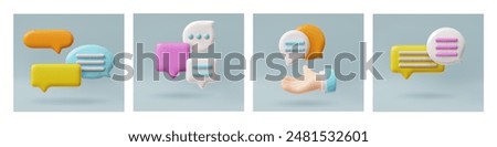 Set of 3D chat bubbles posters in various shapes and colors with dots and stripes on a gray background. Depict the interaction of questions and answers, embodying communication in social networks.