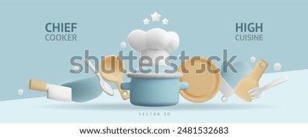 Horizontal banner with 3d kitchen equipment and text. On the pan lies a white chef's hat with three stars. On the sides there are cutlery, potholder and plate. Vector illustration on blue background