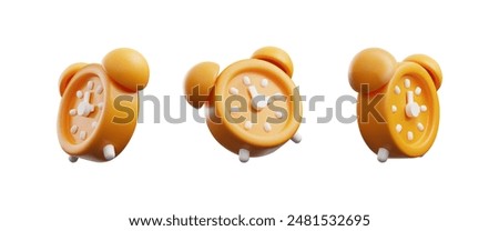 3D orange alarm clock. Render watch icon, sleeping or deadline timer. Volumetric clock icon vector set isolated. Realistic reminder in plastic cartoon style, notice symbol view from different sides