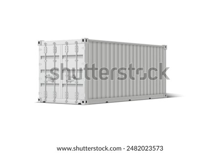 Standard loaded iron closed gray container with shadow. Three-quarter view. A convenient way to transport goods by ship or train. 3D mockup. Vector illustration isolated on white background.