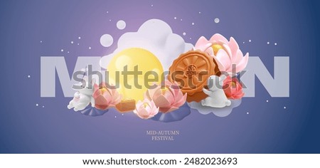 3D vector poster of white rabbits with moon cake and lotus flowers for the mid-autumn festival. The full moon and clouds give the holiday a special charm.