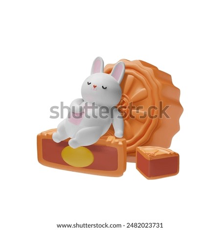 Celebration of the mid-autumn holiday. 3D vector illustration of a sleeping white rabbit stuffed with a large moon cake with a filling and a traditional pattern