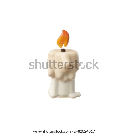 3d render emoji icon of a white burning candle with hot wax flowing down it. The candle is half burned out. Warm flame. Vector illustration isolated on white background.