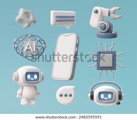 Chatbot assistant, robotic hand, Artificial intelligence machine, smartphone, speech bubble, microchip 3D render vector set. Digital technology, neural network. Electronic devices, AI support service