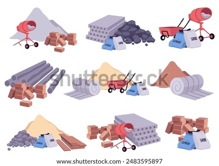 Set of construction materials grouped together: vector illustration of sand, cement, concrete blocks, bricks, stones, concrete mixer, trolley. Ideal for construction site concepts.