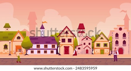 Medieval city landscape. Vector illustration of an ancient city street, old European buildings, characters in ancient clothes and paved paths. Flat cartoon illustration.