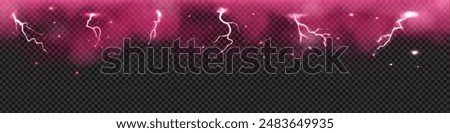 Pink thunder storm effect with lightnings, strikes with smoke vector border design. Realistic storm clouds with flashes and sparkles. Glowing thunderbolt with fog. Steam, vapor with blast