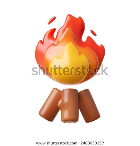 Realistic vector 3D illustration of a burning wood fire. Firewood with fire Ideal for chat, tourism and camping emoji, cartoon style and isolated background.