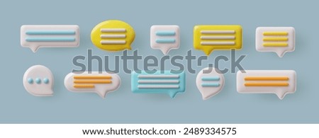 3D glossy speech bubbles various shapes with text lines and dots, chat message vector icons set. Volume colorful text bubbles with shadow. Render 3d dialogue cloud, talking window, chatting box