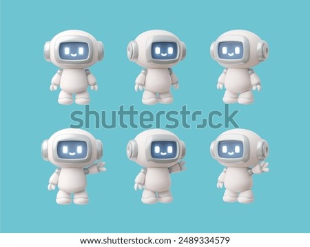 A 3D vector illustration set featuring six chatbot icons designed as adorable robots with expressive digital blue eyes. These chatbot icons are rendered in a friendly and approachable style