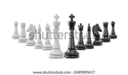 3d render of a set of black and white chess pieces. Full collection. Chess tournament. Logical battle. Board game. Vector illustration isolated on white background