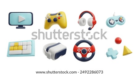 Game metaverse. Set in 3D style of controller, headphones, vr glasses, steering wheel. Online games concept. Realistic design. Modern technologies. Vector illustration isolated on white background.