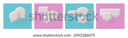 3D glossy white empty speech bubbles various shapes vector illustrations set. Render volume rectangle, circle, oval text bubbles with shadow. Chat message box, dialogue cloud, 3d talking window