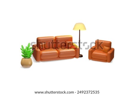 Vector illustration with a 3D brown leather sofa with cushions, a plant in flower pots, a floor lamp and an armchair, for decorating modern interiors