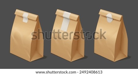 Set of environmentally friendly paper bags. Vector 3D illustrations of closed brown bags with stickers, suitable for packaging sweets and snacks. Isolated dark background is ideal for layouts.