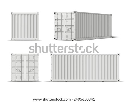 Vector set of white cargo containers. Realistic shipping containers of different sizes with a closed door and with different views. Design on isolated background.