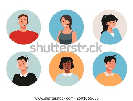 A vector set of call center avatars depicting male and female agents with headphones and microphones offering round-the-clock customer support and service.