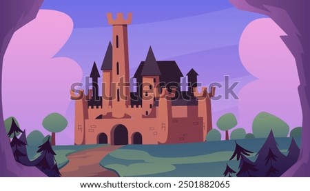 Landscape of antique kingdom in forest vector flat illustration. Road to fairy tale king fortress castle, mansion. Cartoon medieval chateau. Vintage stone palace building with castle tower