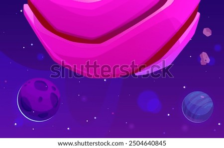 Cartoon space landscape. Planets in cosmic space with satellites, falling meteor and asteroids. Futuristic galaxy neon vector illustration. Fantasy universe view background. Lifeless land with craters