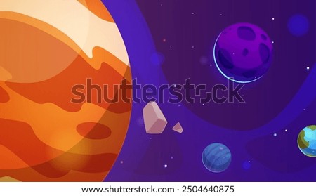 Cartoon space landscape. Mars, Moon and Earth planets in cosmic space with stars and asteroids. Futuristic galaxy neon vector illustration. Fantasy alien universe game background