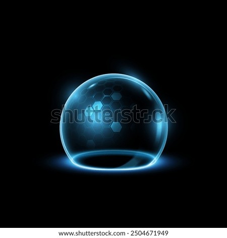 Glass 3D ball on isolated black background. Vector illustration of a transparent glowing spherical shield with a hexagonal pattern. Energy field protection concept.