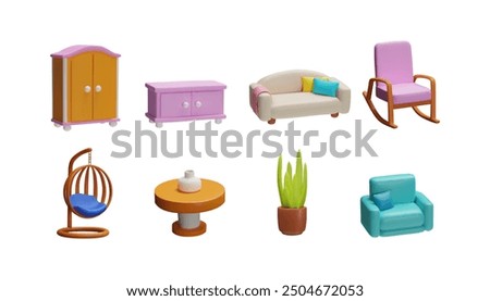 Set of 3D icon vector illustrations of colorful furniture items. Includes wardrobe, cabinet, sofa, rocking chair, hanging chair, table, plant, and armchair. Bright and playful design for home decor.