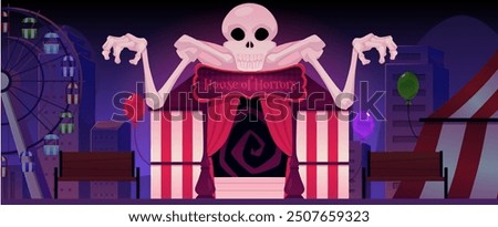 Amusement park. Attraction House of Horrors. A big scary skeleton with a skull over a circus tent. Carnival of fear. Balloons. No one. Horizontal banner. Cartoon style. Vector illustration.