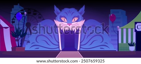 Vector illustration showing a horror house entrance. The entrance set in the mouth of a cat surrounded by circus tents against a night city landscape for a thrilling Halloween scene. Flat style.