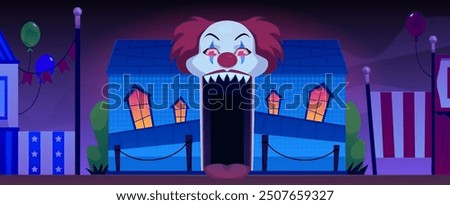 Vector illustration of a horror house entrance decorated as a scary clown mouth. Includes carnival fair elements and circus tents on a night landscape. Halloween theme. Flat style.