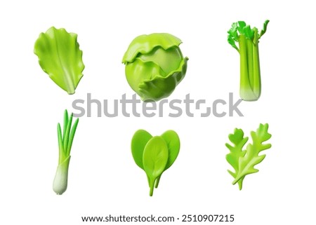 3d collection of icons of lettuce leaf, iceberg, celery, arugula, green onion, spinach, ideal for vegetarian meals. This vector graphic symbolizes health..