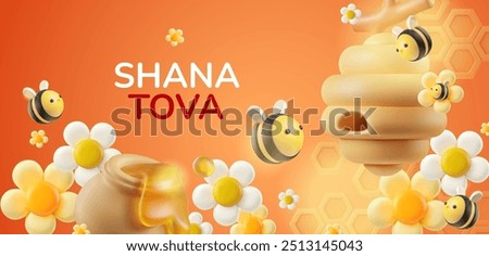 Honey 3D bees, flowers, and a jar celebrating Rosh Hashanah, Jewish New Year. Perfect for greeting cards and banners.