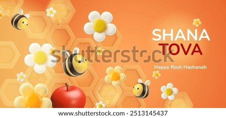 Rosh Hashanah 3D. Honey with bees, flowers, and an apple. A joyful holiday set for Rosh Hashana card design