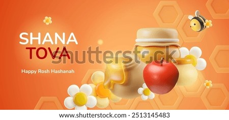 Celebrate Rosh Hashanah with this delightful 3D vector illustration featuring honey jars, a sweet apple, flowers, and a cheerful bee. Perfect for holiday cards or web banners.