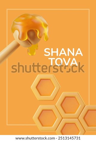 Honey pot with dripping honey in a warm color scheme. 3D vector illustration featuring hexagonal patterns for Rosh Hashana celebrations. Ideal for greeting card or web banner set.