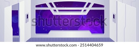 Space ship interior vector cartoon game sci-fi background. Spacecraft shuttle window view from the corridor and doors. Galaxy with planets and stars. Science rocket room white walls, station base