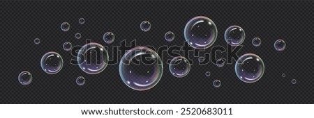 Vector realistic illustration with the image of soap bubbles of round shape, different sizes on an isolated transparent dark background. Transparent flying liquid bubbles for design.