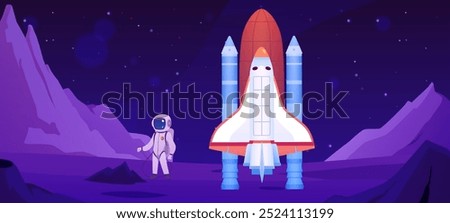 Vector illustration of a planet with an astronaut in a spacesuit landing on a rocket, standing among the rocks. A fantasy game landscape under a blue starry sky.