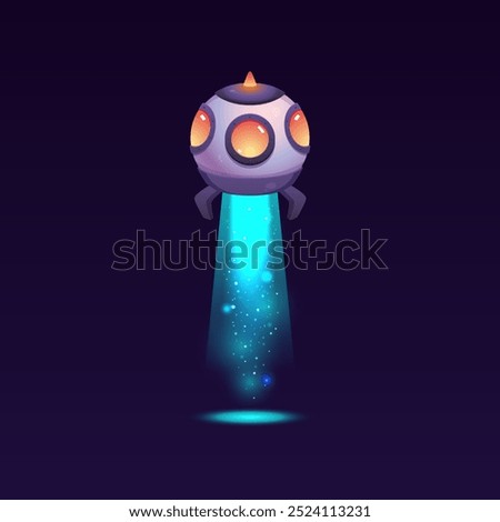 Vector graphics with a spaceship taking off with flickering light from the engine. Advanced space travel technology with an alien design on a black background.