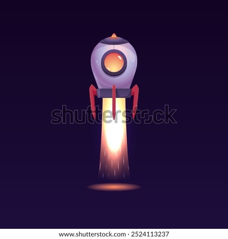 The spaceship is taking off. Vector graphics depicting a UFO flying on a rocket engine. It demonstrates advanced space travel technology with an alien design