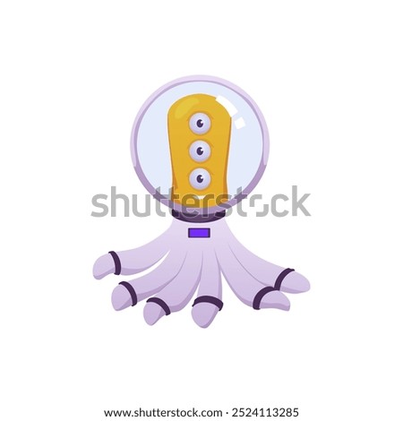 Friendly alien character yellow octopus with three eyes, helmet and spacesuit. Cheerful monster, funny mutant astronaut. Vector cartoon kids game fantasy cosmic creature, UFO guest isolated on white